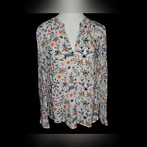 DKNY Jeans Womens Floral Rayon Blouse V-Neck Lightweight Top Sz S